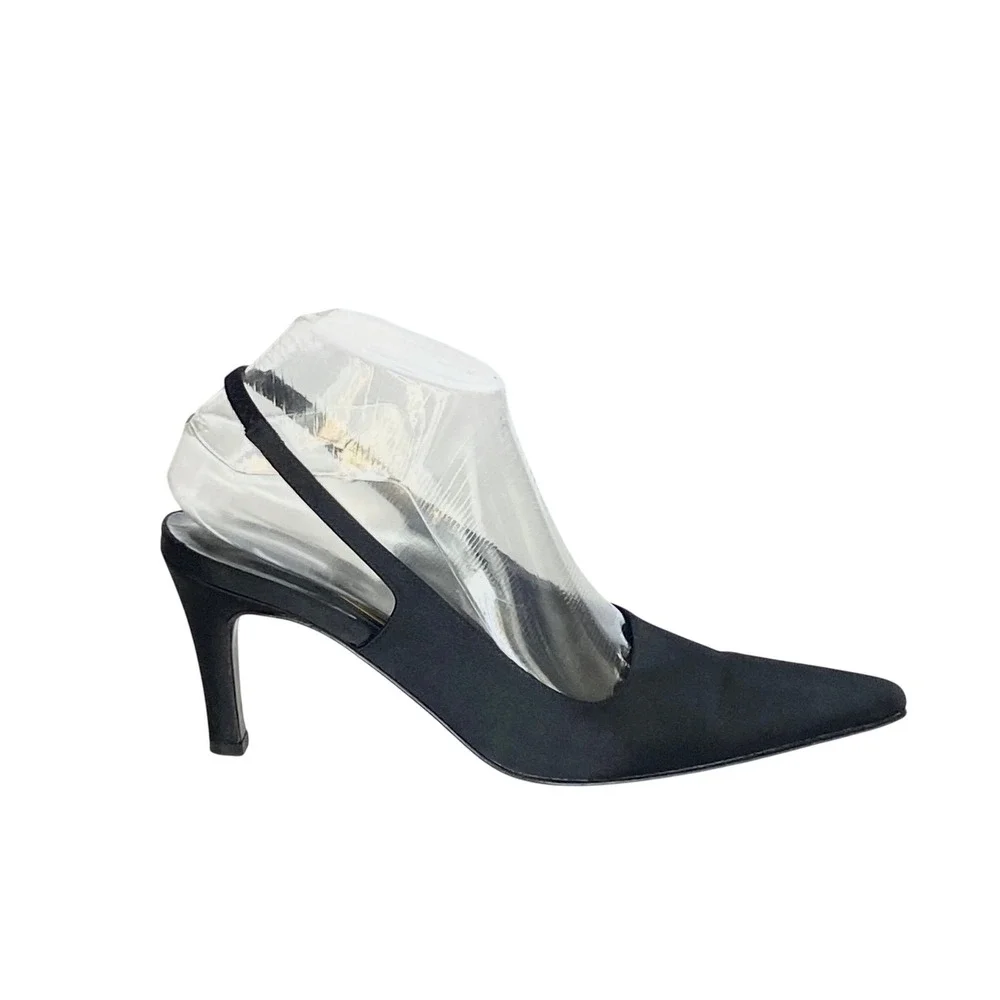 Cole Haan Evening Black Satin Slingback Pumps Pointed Toe Stiletto Heels 7.5 AA
